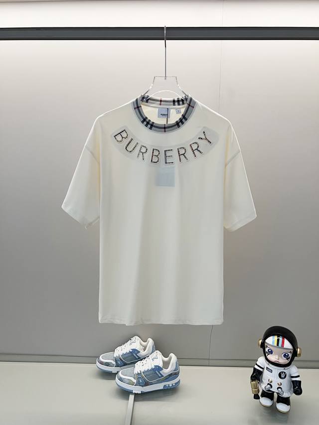 Burberry 260g round neck short-sleeved T-shirt Brand plaid neckline with embosse