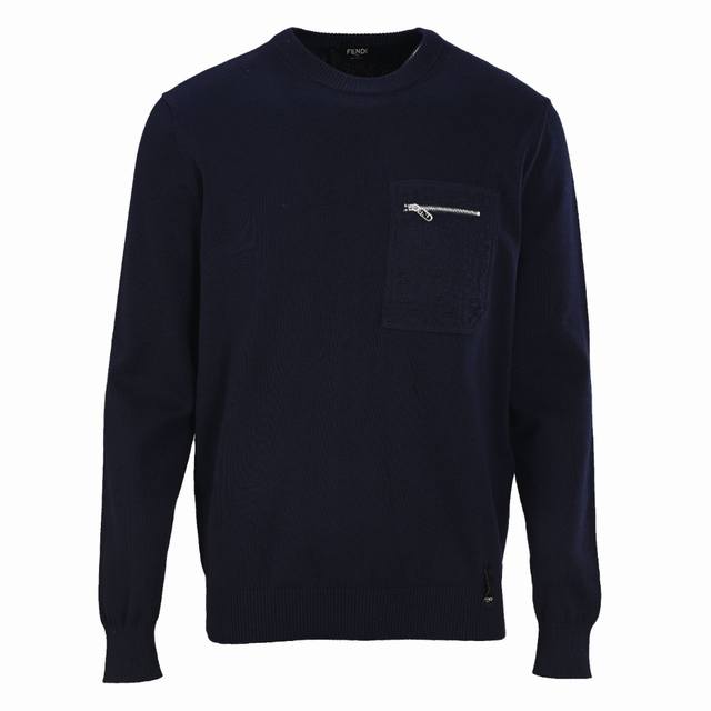 Fendi Fd embossed pocket navy blue crew neck sweater Made of high-quality wool y
