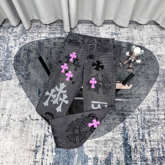 High-end Chrome Hearts purple spray-painted graffiti patchwork leather jeans, u