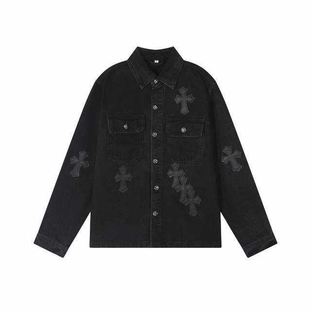 High-end Chrome Hearts washed denim shirt jacket with dark leather label and cro