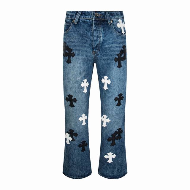 High version Chrome Hearts leather label cross washed flared jeans, unisex. All