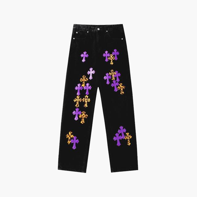 High-end version Chrome Hearts leopard print purple leather cross jeans, unisex.