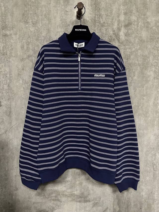 Miumiu Stripe Embroidered Half-Zip Polo Shirt Fabric: 60s mercerized cotton, cus