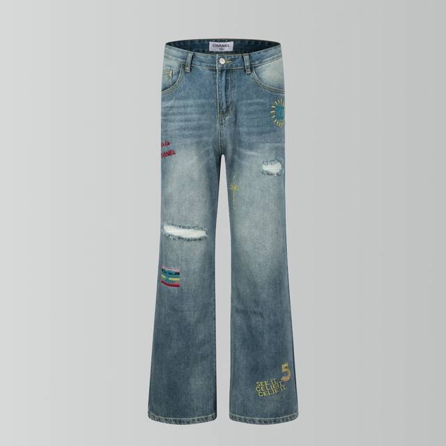 Highest quality Chan classic colorful letter embroidered ripped jeans, retro con