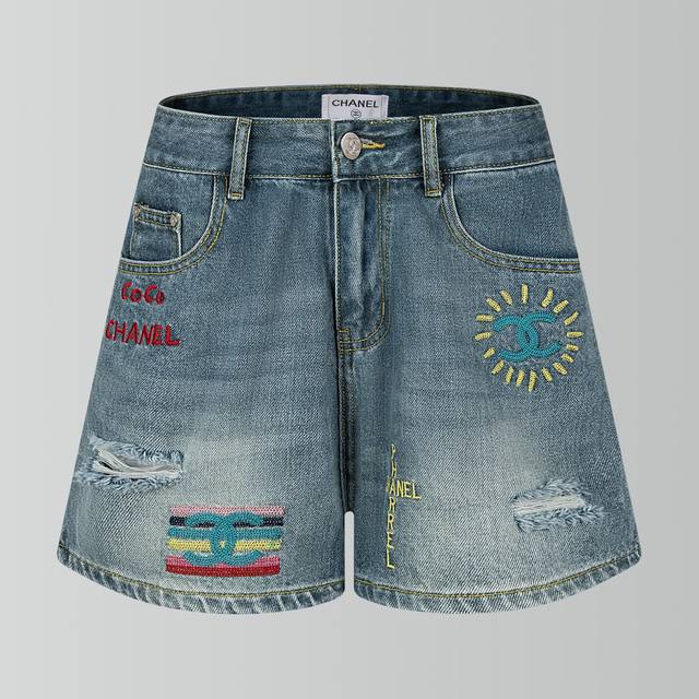 Highest quality Chan*24 classic color letter embroidered ripped denim shorts, re