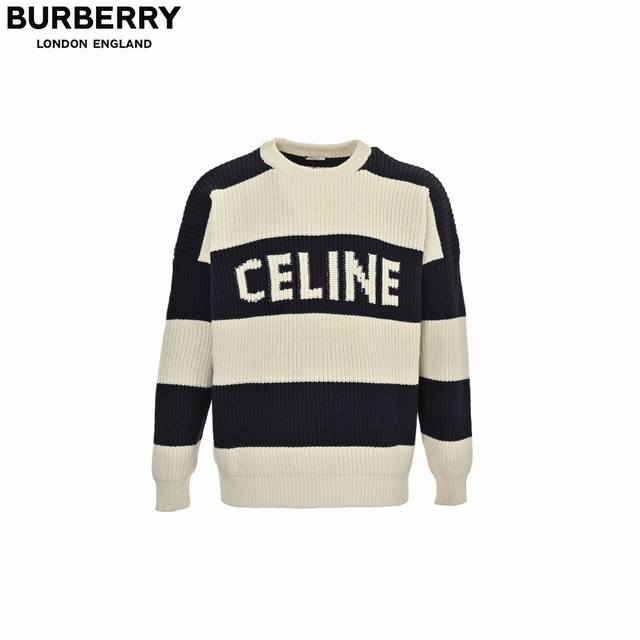 Celine 24Fw Black and White Thick Striped Letter Crewneck Sweater The fabric is