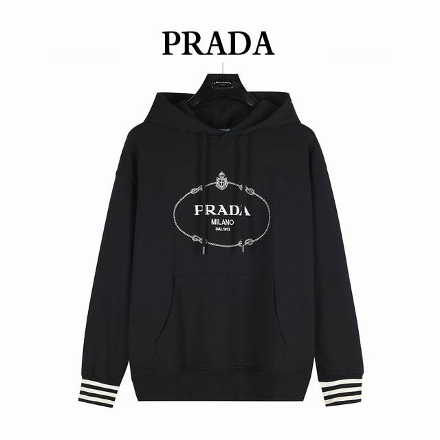 Prada 25Fw logo-embroidered cuff-striped hooded sweatshirt. Made of heavyweight