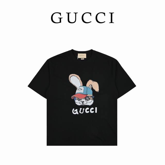 Gucci 24Ss bunny print short-sleeved crewneck T-shirt. High-quality 260g 60s dou