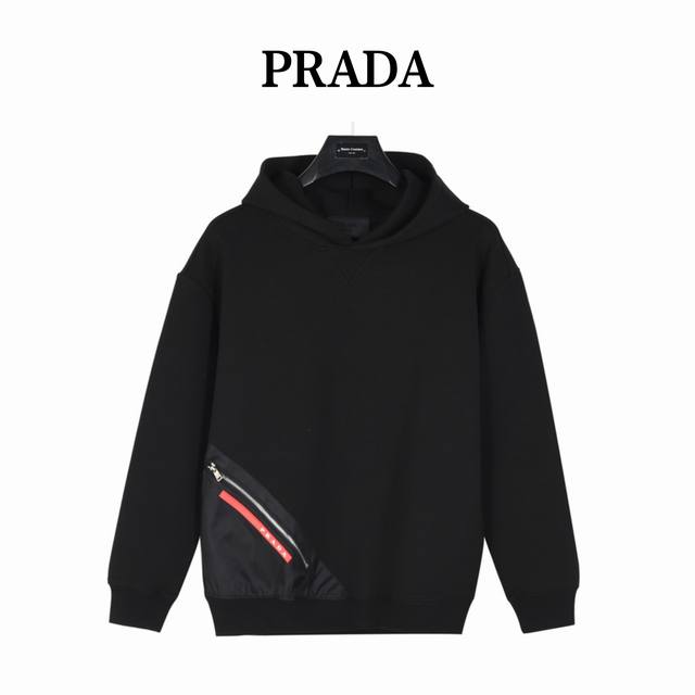 Prada Red Stripe Zipper Pocket Hooded Sweatshirt The same style as the official