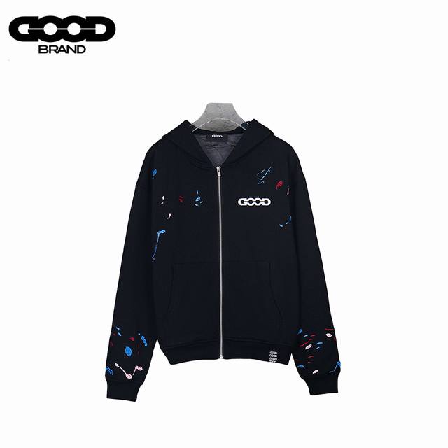 Goodbrand 25Ss candy embroidered ink-splashed zippered hooded pullover sweatshir
