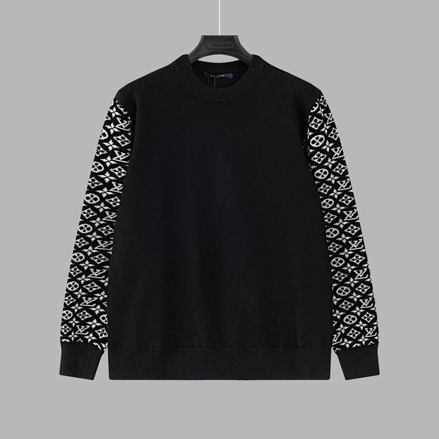 Lv patchwork sleeves, all-over print, crew neck sweater DDD. Will still be avail
