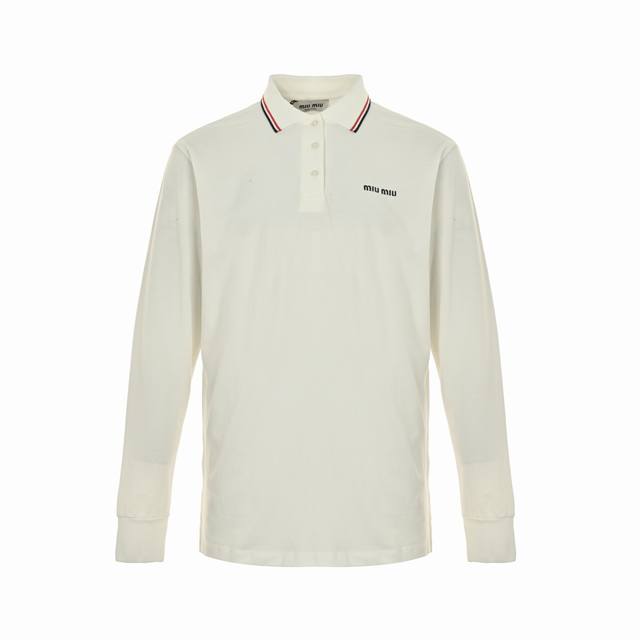 Miu Miu 25Fw contrasting lapel letter embroidered long-sleeved T-shirt DDD. The
