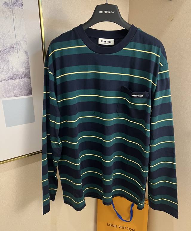 Size: SML Unisex Miumiu Miu Miu 25Ss Poster Style Wide Logo Green and Blue Strip