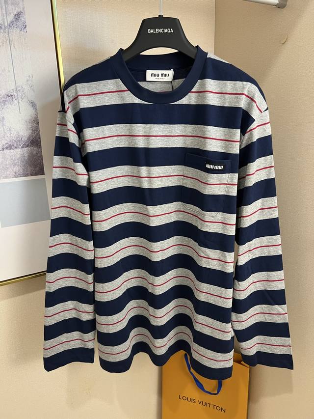 Size: SML Unisex Miumiu Miu Miu 25Ss Poster Style Wide Logo Grey-Blue Striped Lo