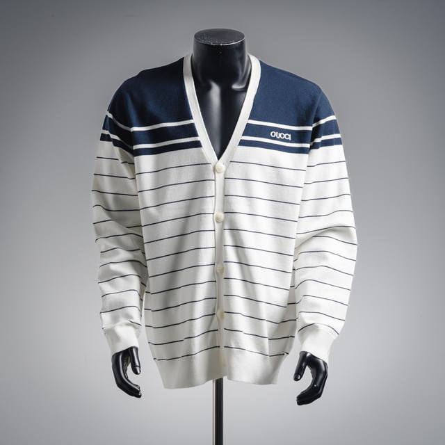 Gucci SS25 Embroidered Logo White Striped V-Neck Cardigan Sweater White Striped