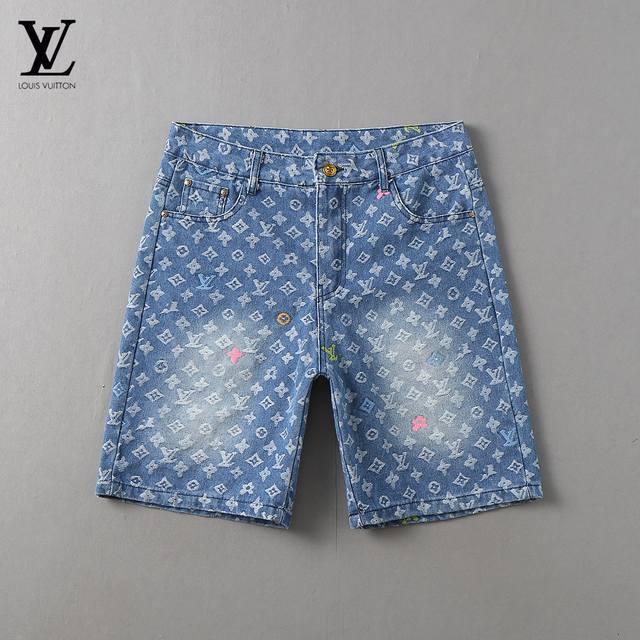 Lv 2025 new summer men's denim shorts, made with high-end custom-made fabrics, b