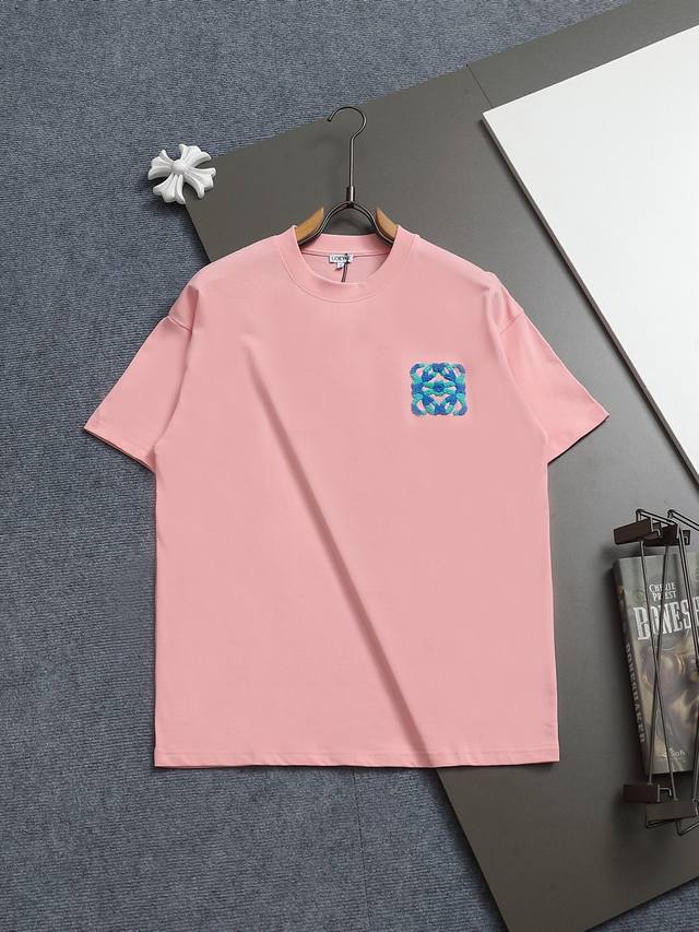 Loewe 260g round neck short-sleeved T-shirt Simple towel color matching embroide