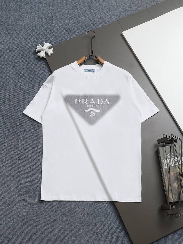 Prada 260g round neck short-sleeved T-shirt embroidered letter logo inkjet trian