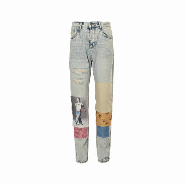 Drew House smiley face digital picture patchwork jeans Original custom washed de