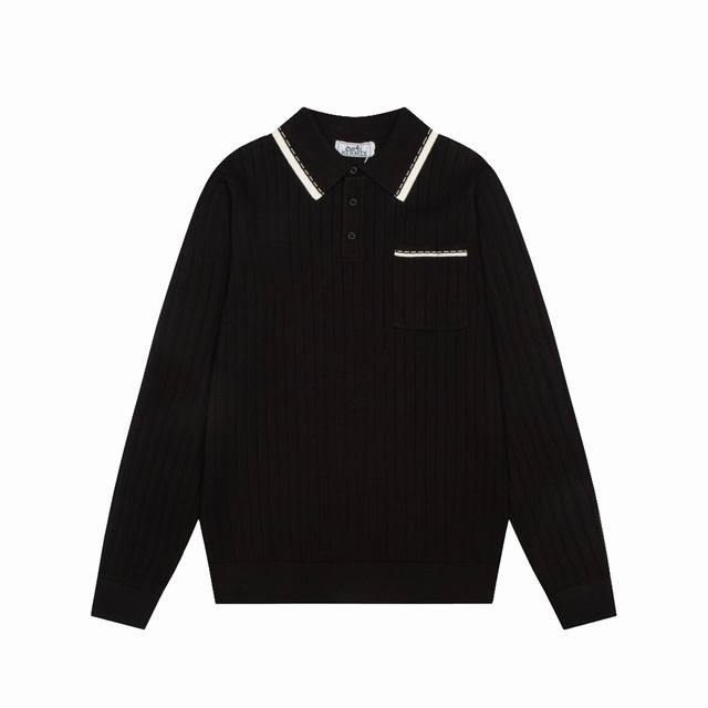 Hermes' new autumn and winter knitted stretch lapel T-shirt, men's fashionable c