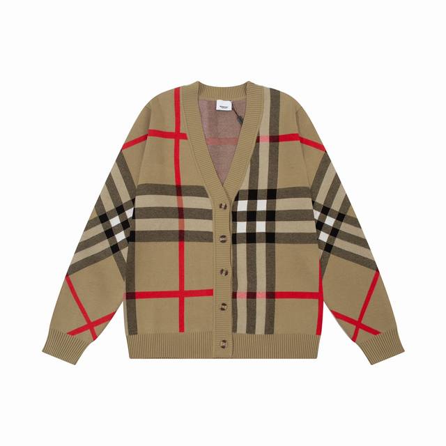 Burberry. This classic colorblock plaid cardigan is made from custom-dyed cotton
