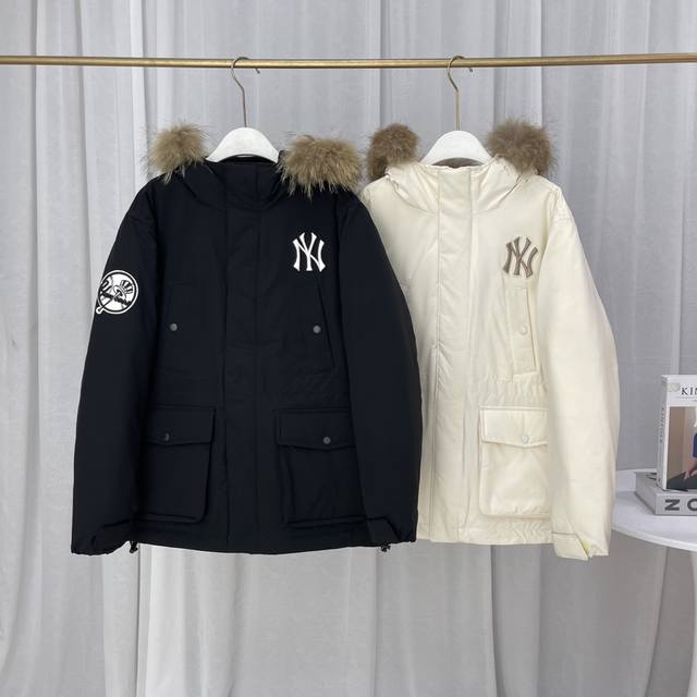 Top version! MLB fur collar down jacket, Yankees MLB star style couple fur colla