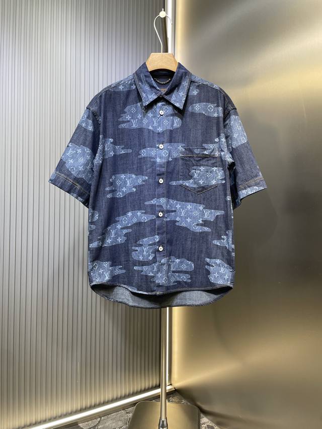 Louisvuittonlv Blue Camouflage Denim Short Sleeve ShirtMade of 480G washed dark
