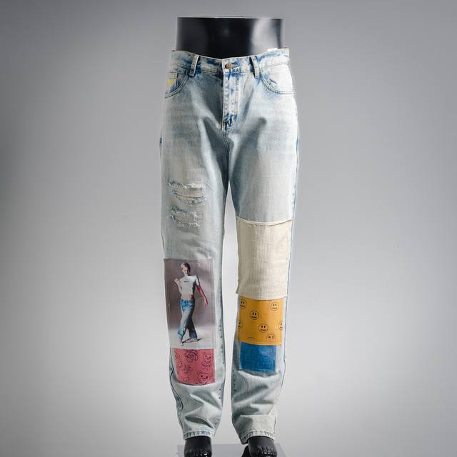 Drew House Bieber's same style smiley face digital picture patch stitching jeans
