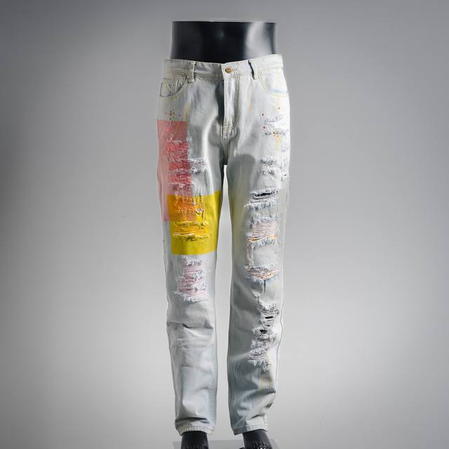 Drew House Teddy Bear Smiley Face Jeans Ripped Loose High Street Ink Splashed Ca