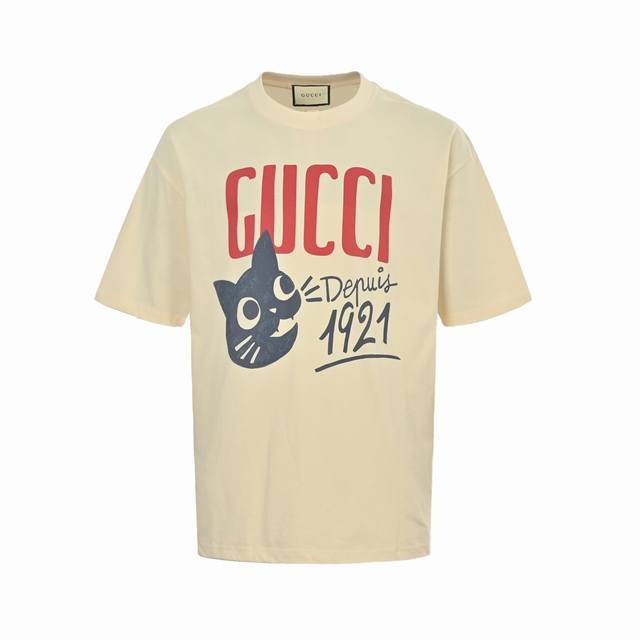 Gucci cat and letter print short-sleeve T-shirt DDD. 32s double yarn fabric, 260