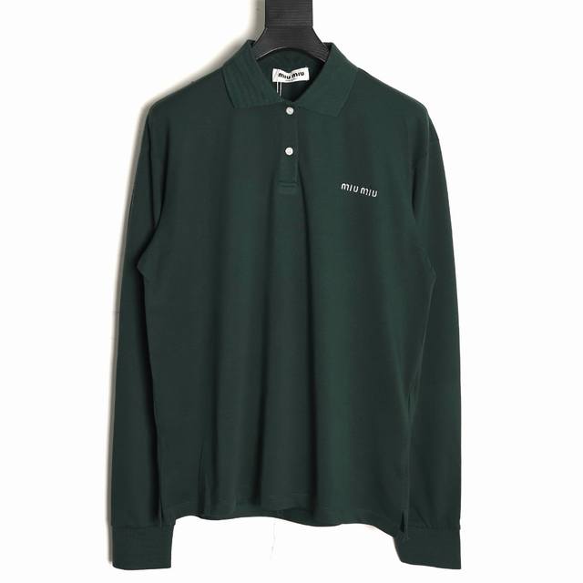 Miumiu Miu Miu dark green lettered pique long-sleeved Polo shirt DDD. Authentic