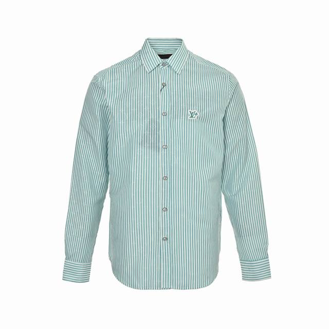 Louis Vuitton 25Fw green striped long-sleeved shirt with logo patch Authentic pr