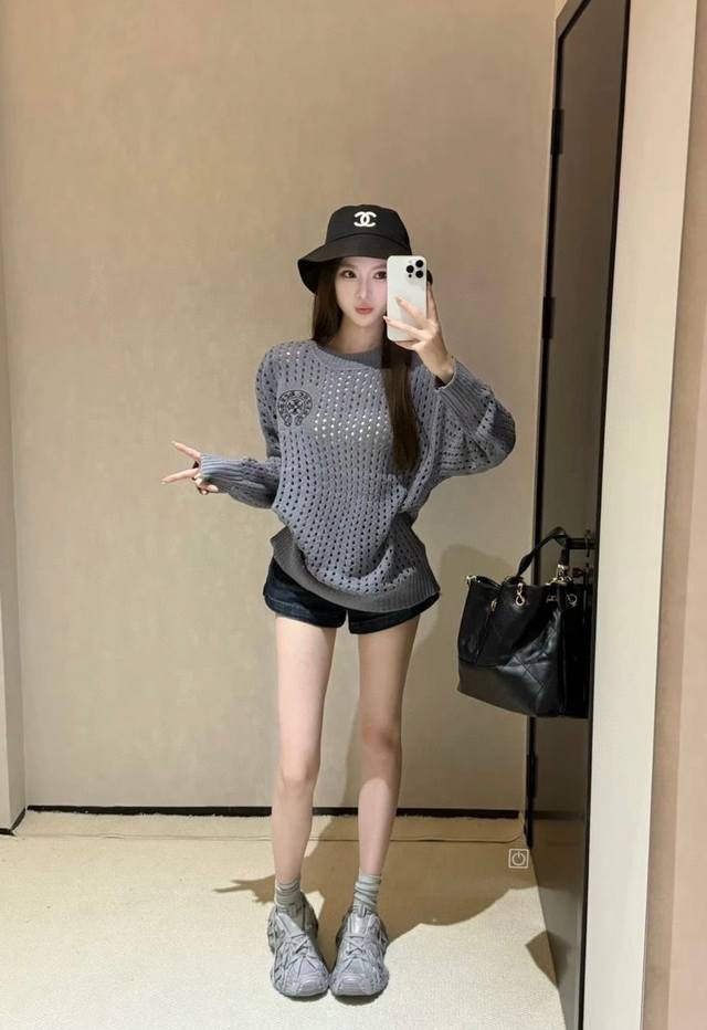 Haute couture heavy-duty Used national flag hollow knit Chrome Hearts hollow rou