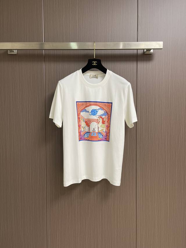 Hermes 2025Ss summer new men's short-sleeved horse laser print T-shirt. This fa