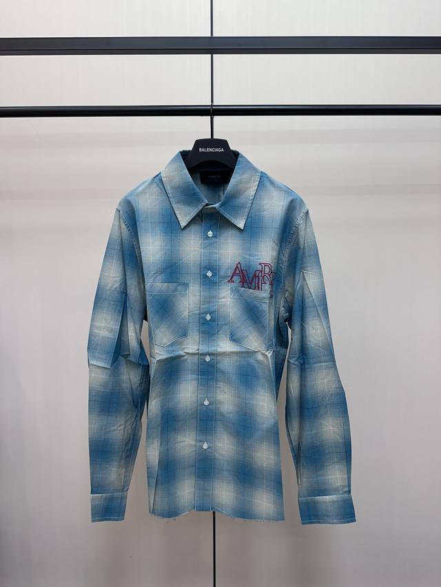 Amiri gradient check long-sleeved shirt Custom yarn color check fabric, hem fray