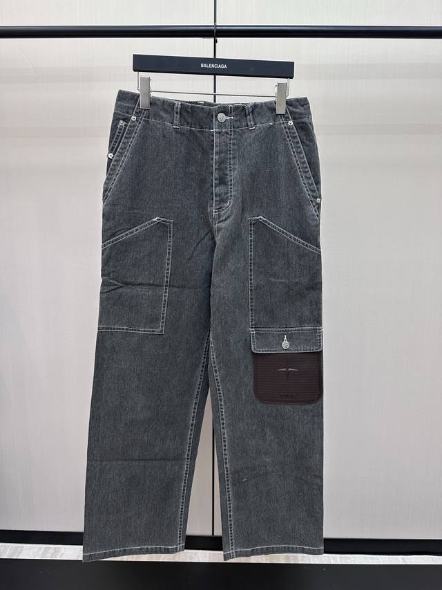 Dior X Stone Leather Label Denim PantsCotton workwear casual trousers with a lea