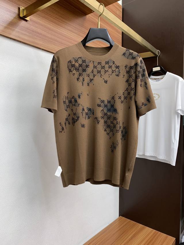 Gucci men's high-end, simple, lapel, thickened knitted short-sleeved sweater, so