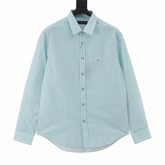 Louis Vuitton Lv Logo patch green striped long-sleeved shirt Authentic 11369 pur