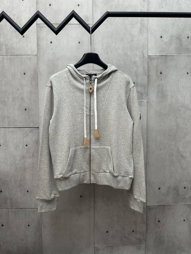 Louis Vuitton 25Ss Early Autumn Light Grey Leather Logo Zipper Hooded Sports Swe