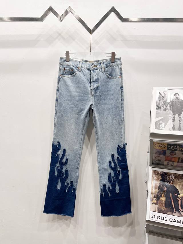 Style number: C077 Gallery Dept. Denim splicing flame flared jeans washed and d