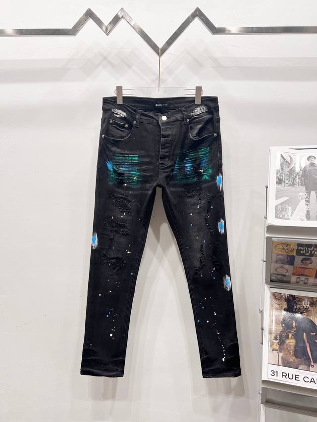 Style No.: C084 Purple Brand skinny jeans hand-painted with holes and slightly