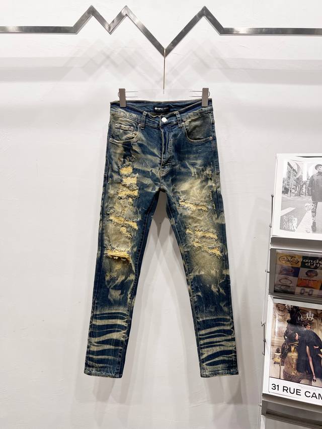 Style No.: C076 Purple Brand skinny jeans hand-painted with holes and slightly