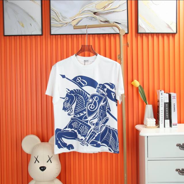 Cs Burberry 260g round neck short-sleeved T-shirt Classic hollow embroidered let
