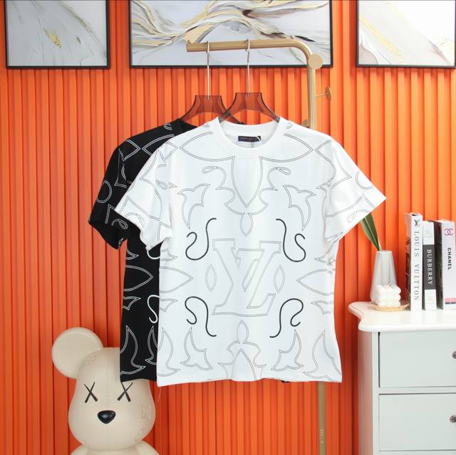 Cs Lv 260g round neck short-sleeved T-shirt Classic hollow embroidery letter log