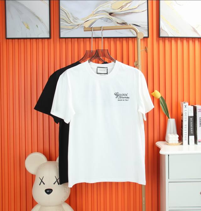 Cs Gucci 260g round neck short-sleeved T-shirt Classic hollow embroidered letter