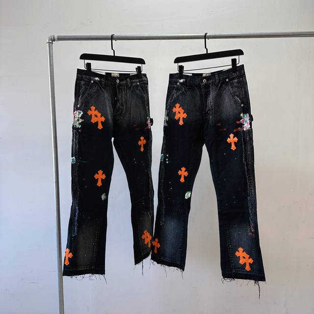 Style No. 3020 Gallery Dept Black Orange Label Patched Ink-Splashed Denim Flare
