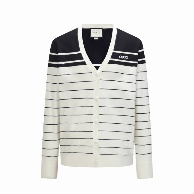Gucci Spring 2025 Embroidered Cotton V-Neck Cardigan Sweater (White Stripes for