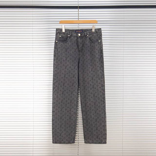 Lv all-over printed monogram gray jacquard denim trousers, a must-have item for