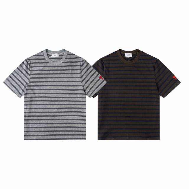 8823#Ami striped T-shirt Classic striped T-shirt with heart embroidery on the cu
