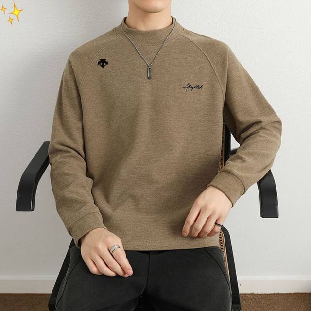 Descente's high-quality, half-high collar, cationic, long-sleeved, solid color,